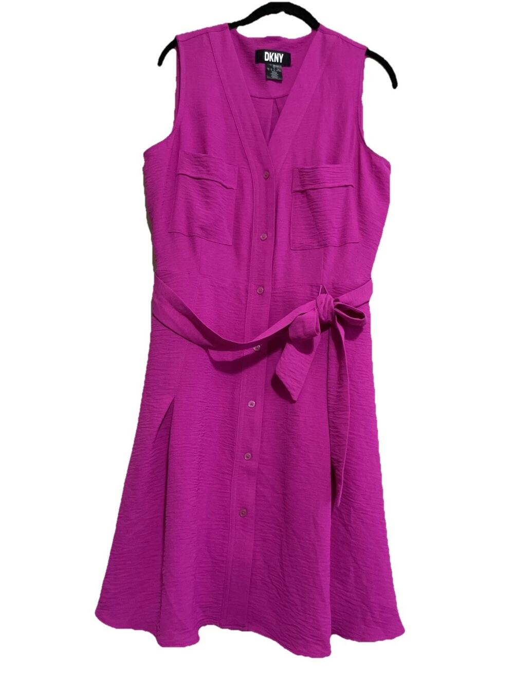 DKNY Fuchsia Belted Shirt Dress Sleeveless V-Neck Button Front Pockets Sz 12